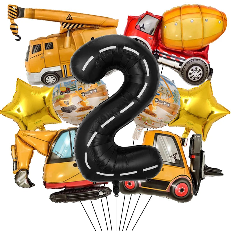 9Pcs/1Set Construction Vehicle Aluminum Film Balloon Excavator Crane 1-9 Digital Balloons Boys Birthday Party Decor Balloons Number2 set / Other