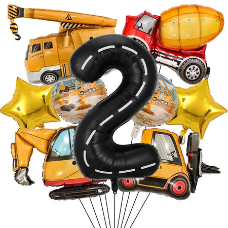 9Pcs/1Set Construction Vehicle Aluminum Film Balloon Excavator Crane 1-9 Digital Balloons Boys Birthday Party Decor Balloons Number2 set / Other