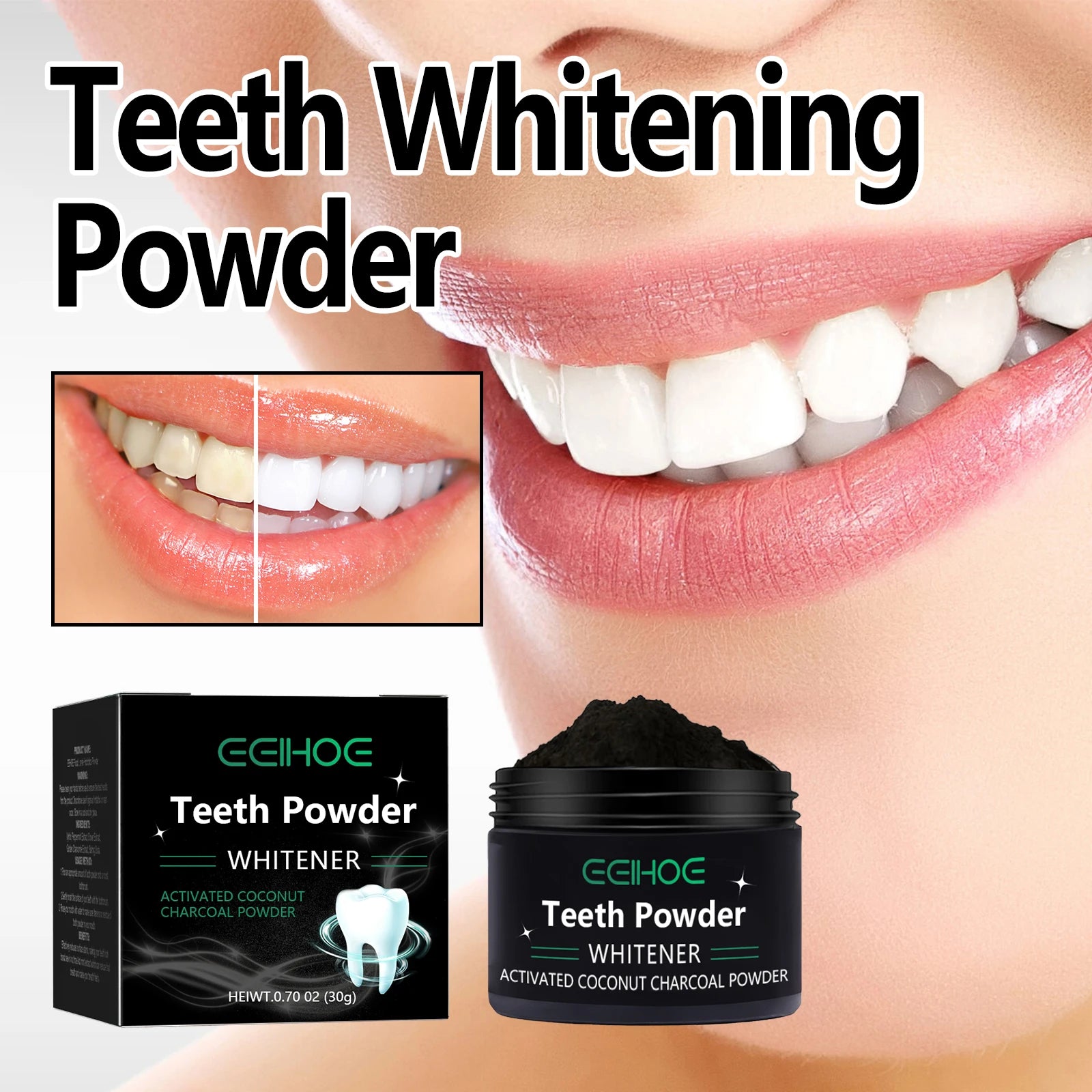 eelhoe Activated Coconut Charcoal Tooth Powder &ndash; Deep Cleaning Oral Hygiene