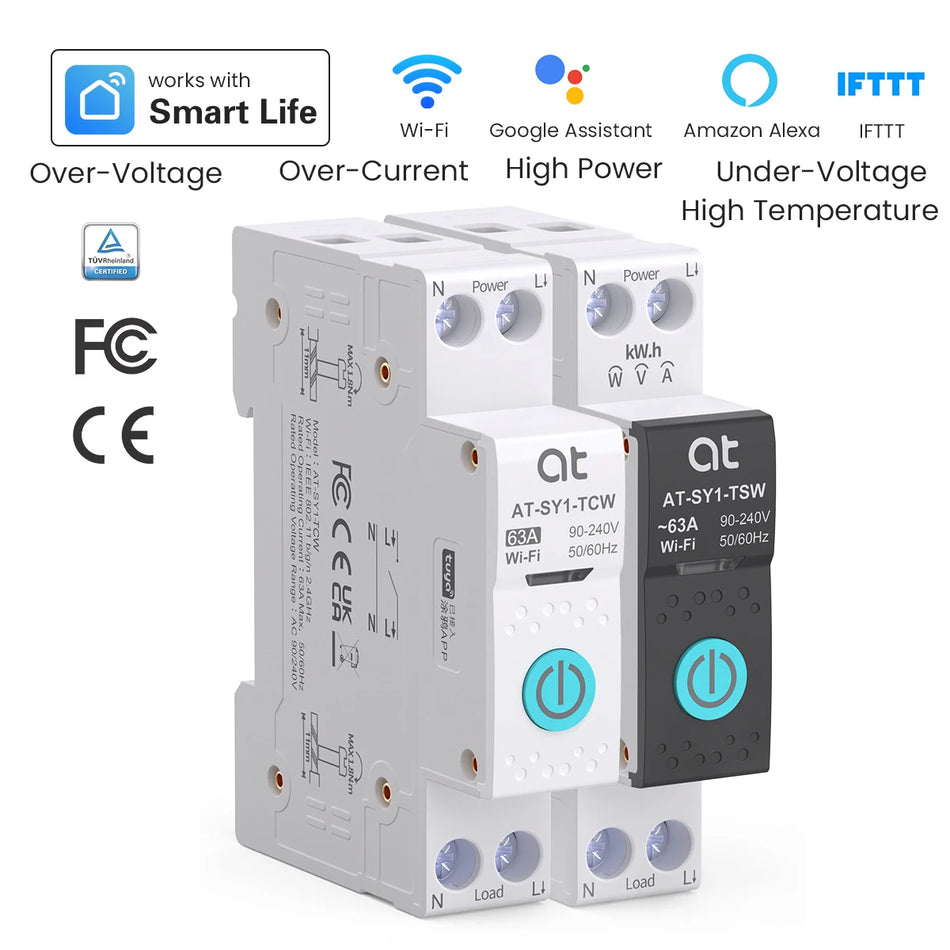 Interruptor de Circuito WiFi Inteligente 63A 1P N Medidor de Energia com Controlo por Voz