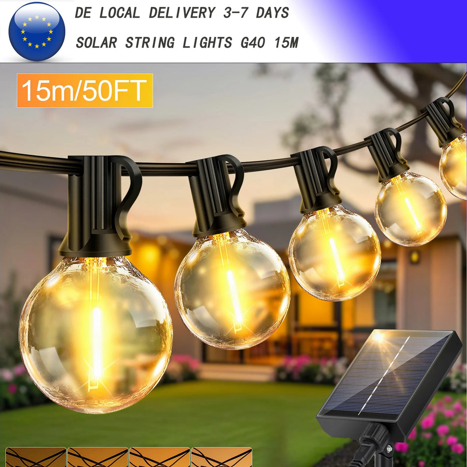15M Solar Powered String Lights with G40 LED Bulbs, 8 Light Modes, Shatterproof and Weatherproof Design for Outdoor Christmas Decoration