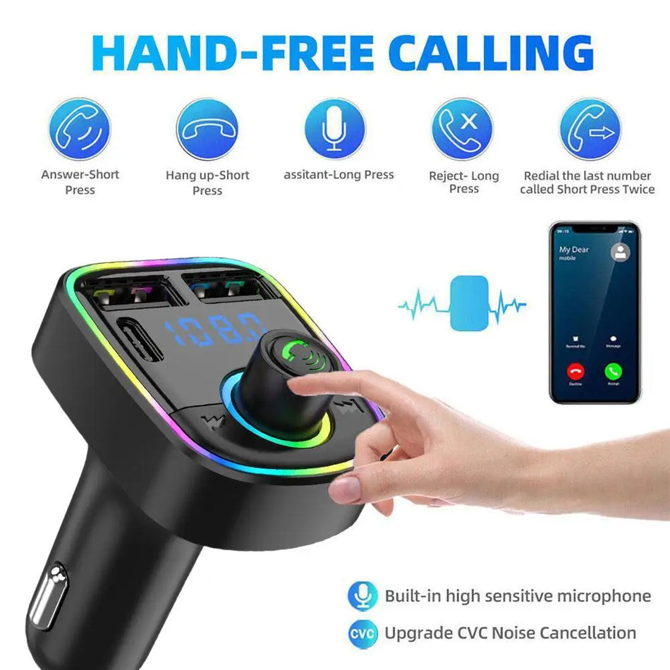 Car Bluetooth 5.0 FM Transmitter &ndash; Dual USB Fast Charging with Colorful Ambient Light