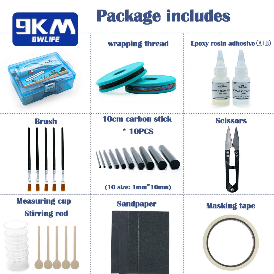 Complete Fishing Rod Repair Kit with Carbon Fiber Sticks and Epoxy