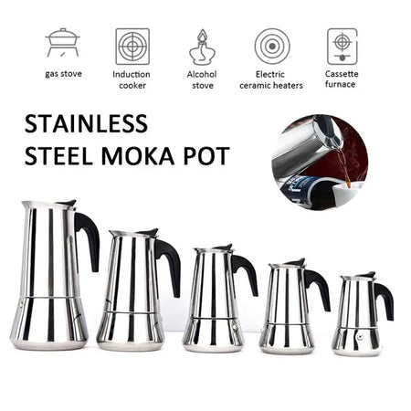 Stainless Steel Electric Moka Coffee Pot - 2/4/6/9/12 Cups