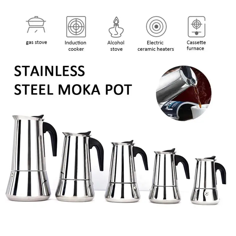 Stainless Steel Electric Moka Coffee Pot - 2/4/6/9/12 Cups