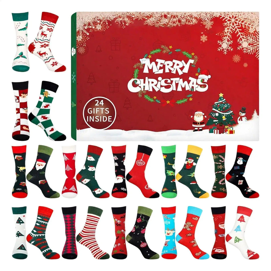 Cotton Christmas Advent Calendar Socks For Adults, 12 Pairs Of Crew Socks, 24 Day Countdown To 2025