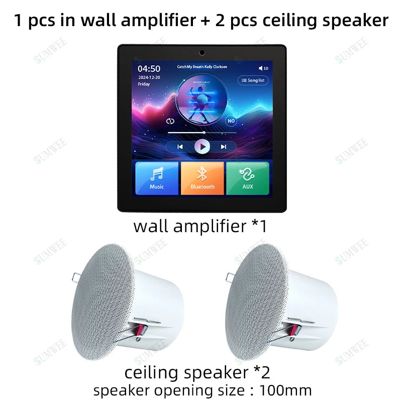 4 Inch Touch Screen In-Wall Bluetooth Power Amplifier with Ceiling Speakers Black amp-2 spks