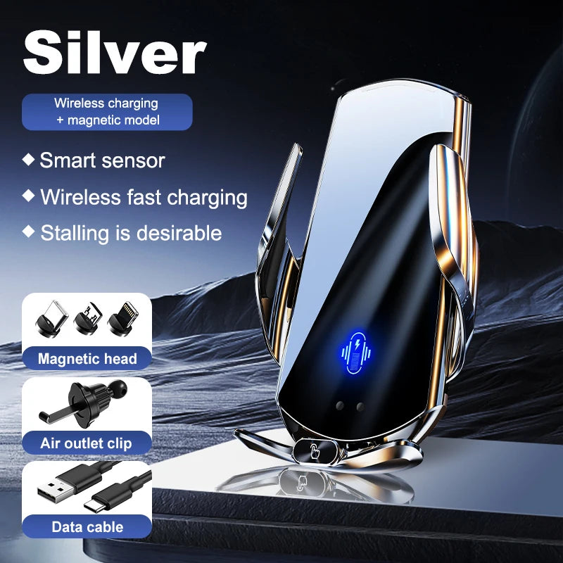 Car Phone Holder Charger Clip 360 Rotation &ndash; Universal Fit Silver