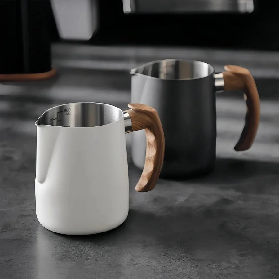 304 Stainless Steel Coffee Milk Frothing Pitcher &ndash; Precise Scale with Wooden Handle