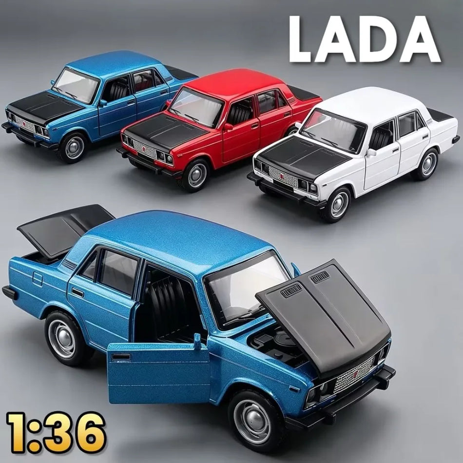 Model de mașină din aliaj turnat cu lumini duale și uși deschise pentru LADA 1:36