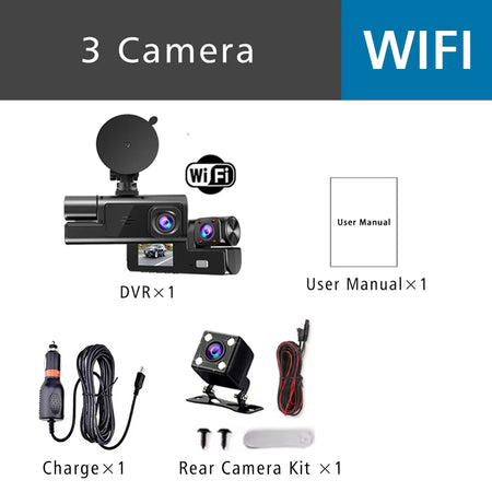 3-Channel Car DVR Dash Cam with WiFi Wifi-3 Camera / 128G
