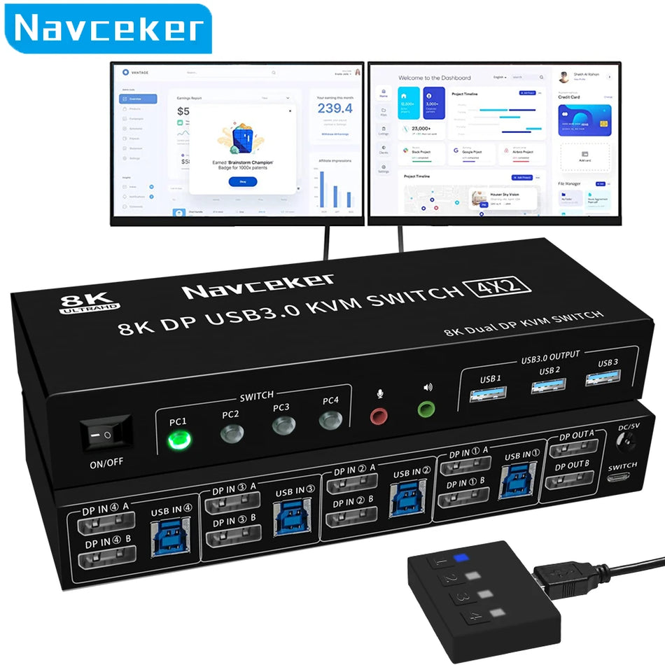 8K DP KVM USB 3.0 Switch 4X2 &ndash; Dual Monitor 4K 144Hz ZY-SK808 / AU Power Plug