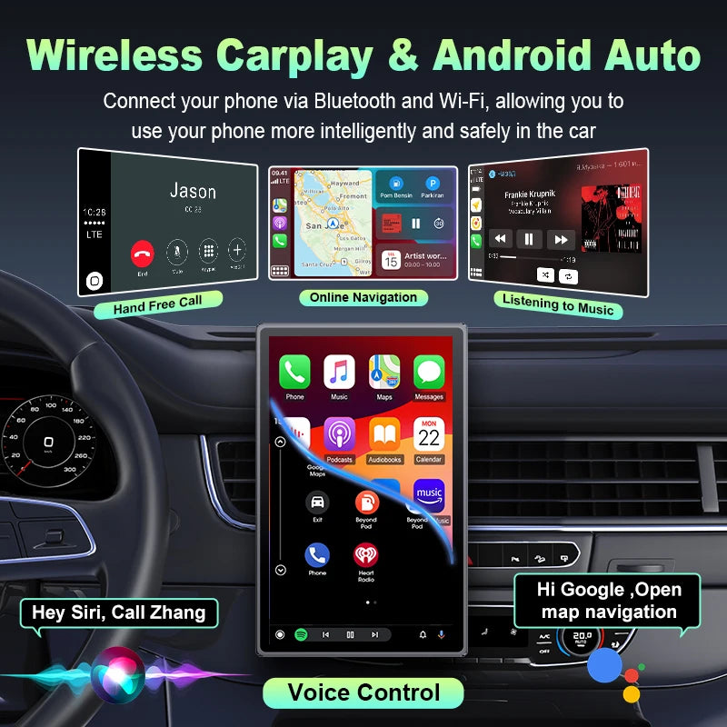 Universal Car Radio IPS Rotatable Touch Screen with Wireless CarPlay and Android Auto