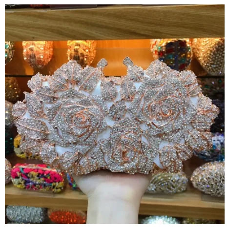 Elegant Golden Silver Crystal Minaudiere Clutch Bag for Women white pink