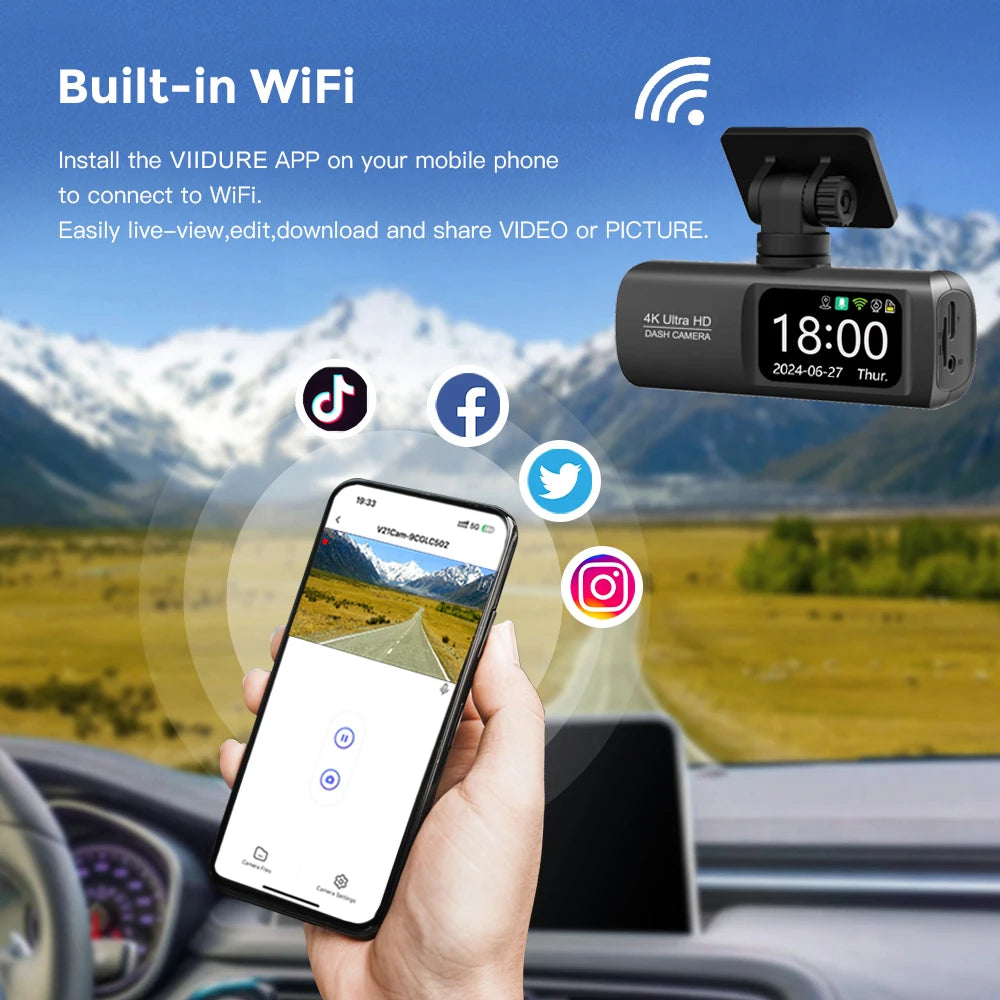 UHD 4K Dash Cam Dual Lens &ndash; Built-In WiFi and GPS for 24-Hour Parking Monitoring