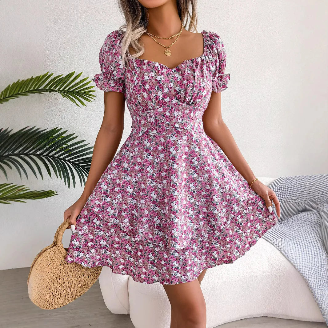 Floral V-Neck Short Sleeve Summer Dress for Women Red / L