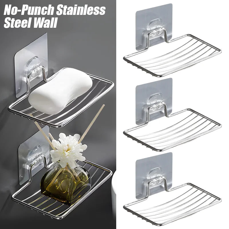 1-10Pcs Soap Rack Stainless Steel Punch-free Wall Hanging Sucker Soap Box Bar Soap Sponge Holder Adhesive Soap Dish for Bathroom
