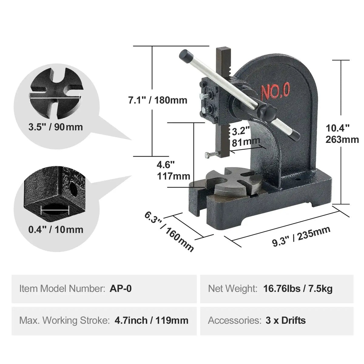 Arbor Press 0.5/1/3Ton &ndash; Heavy-Duty Cast Iron 0.5 T / United States