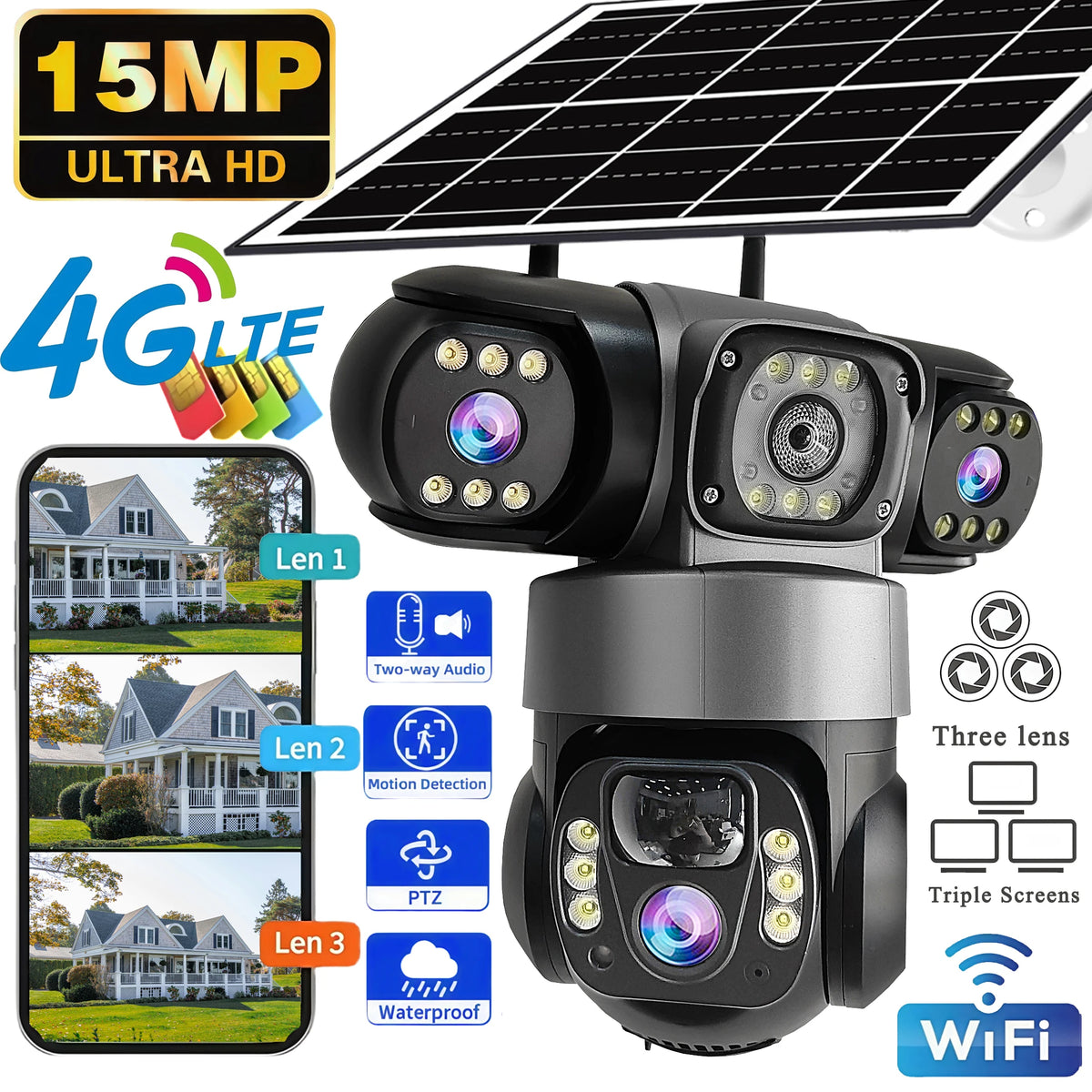 V380PRO 3 Lens 4G Solar Camera 15MP 360 Outdoor Waterproof WIFI CCTV Night Vision Two-Way Audio Camera Mobile Tracking IP Camera