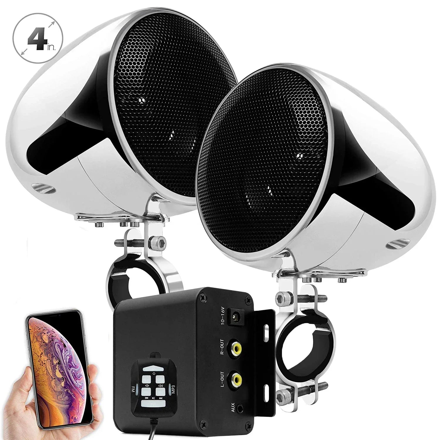 150W Motorcycle Audio System, Waterproof Bluetooth Speakers, 2-Channel Amp CN (Origin) / Chrome Set - Net