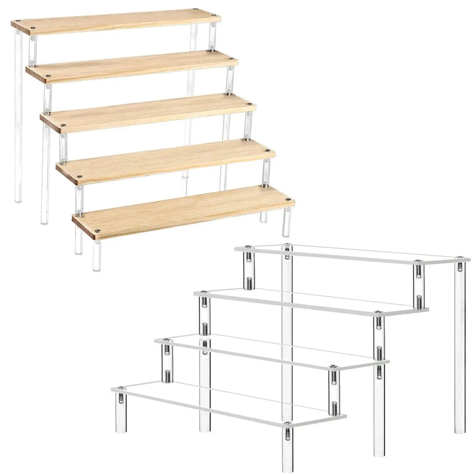 1-5 Tier Acrylic and Solid Wood Display Stand with Clear Columns for Perfume, Cosmetics, Car Models, and Toys