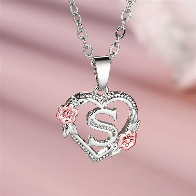 Charming Silver A-Z Letter Flower Pendant Necklace for Women S