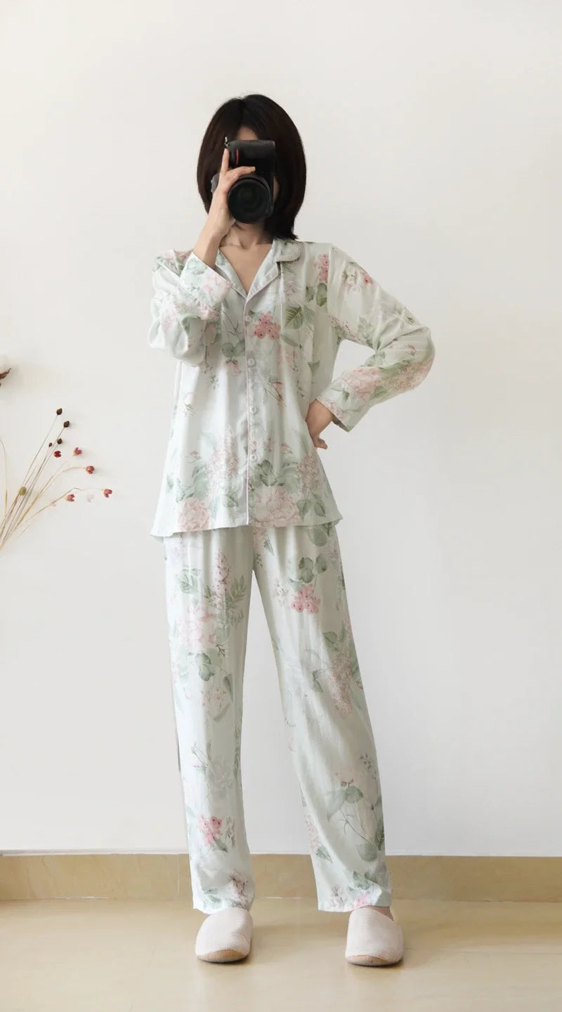 Japanese Style Women's Viscose Pajama Set - Floral Print, Long-Sleeve