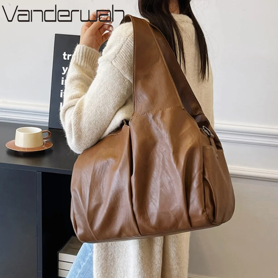 PU Leather Shoulder Bag for Women, Large Capacity Hobo Shopper Tote, Solid Color Commuter Bag