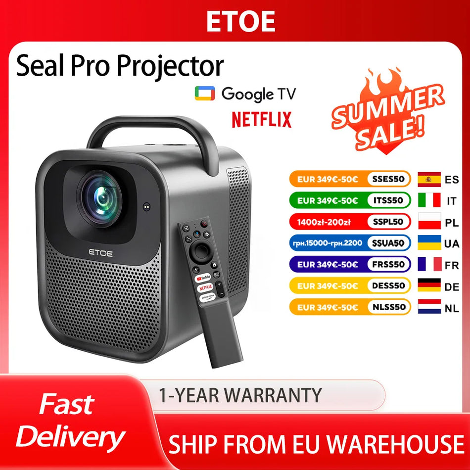 ETOE Seal Pro projektors ar 1000 ANSI spilgtumu, Native 1080P, Google TV, automātiskā fokusēšana, 2x10W skaļruņi