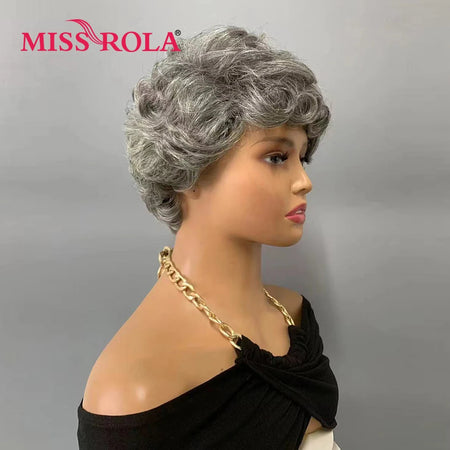 Miss Rola 100% Human Hair Wavy Pixie Cut Wig with Gray and Black Highlights Gray 4 inch / CHINA / 4inches