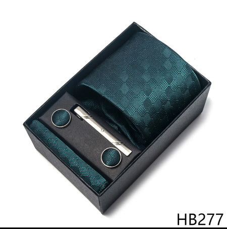 Elegant Plaid Silk Tie Handkerchief Cufflink Set for Men HB277