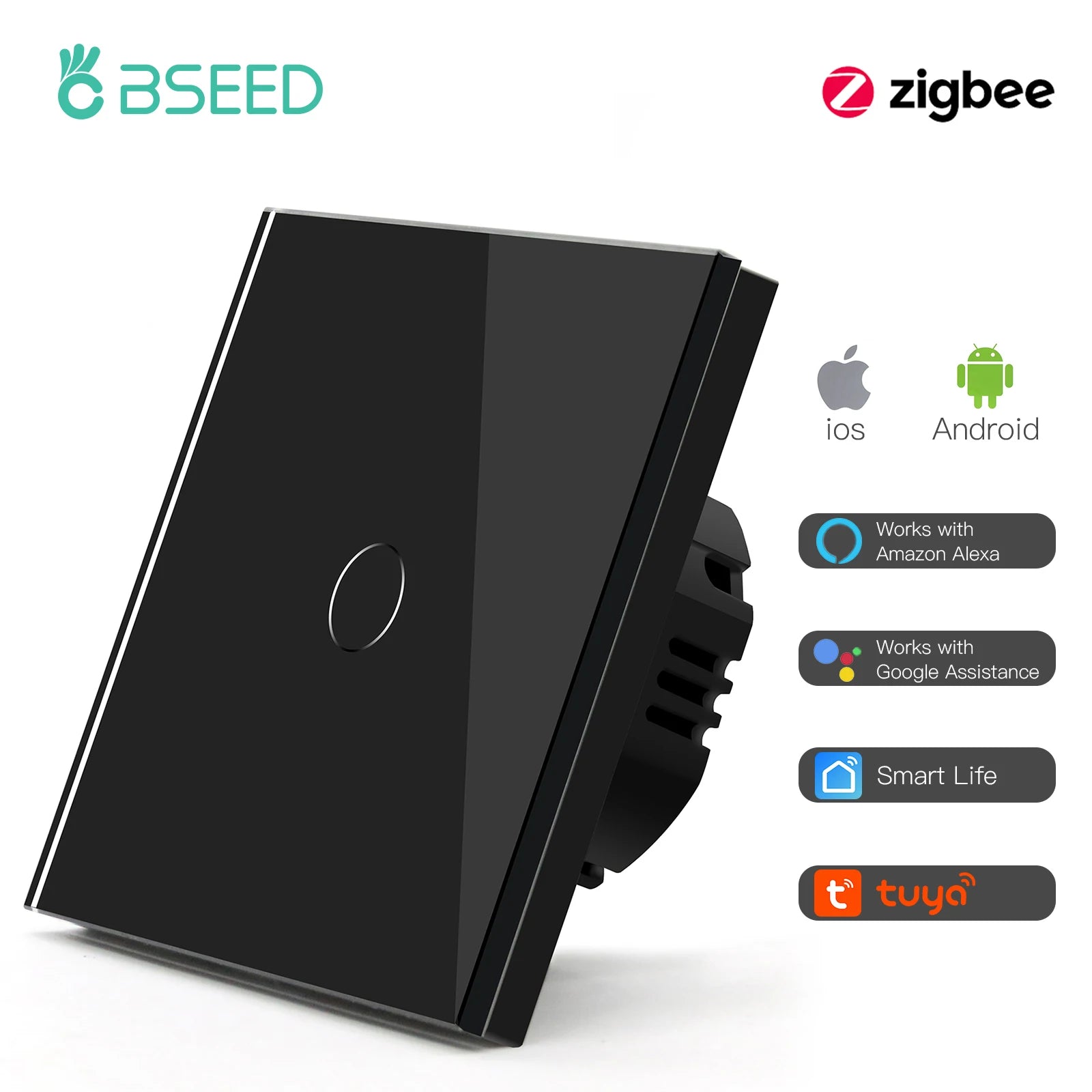 BSEED Zigbee Smart Touch Wall Switch - 1/2/3 Gang Control 1Gang Black / Zigbee / EU standard