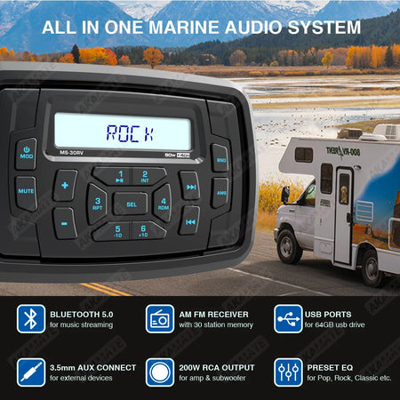 MS-30RV-1 RV Marine Stereo &ndash; Bluetooth IPX5 Waterproof