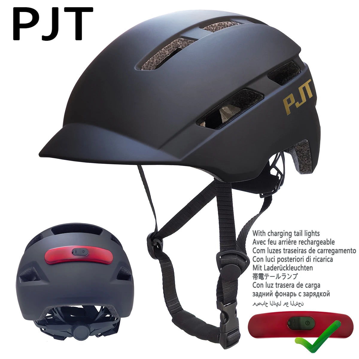 PJT Mountain Cycling Helmet USB - Rechargeable Tail Light P-6-Black-Gold-L / L57-61CM