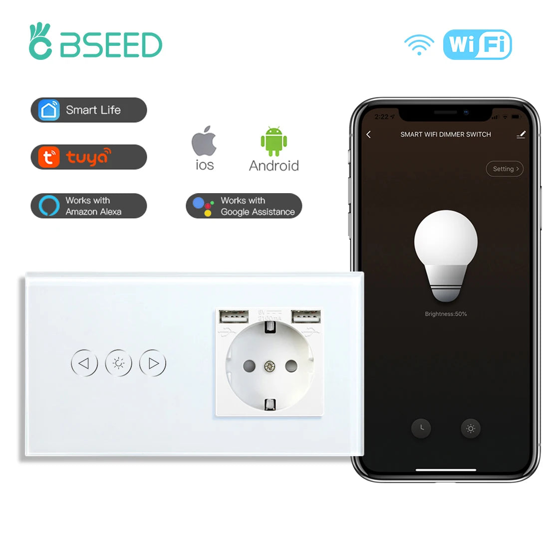 BSEED Wifi Dimmer Switch 1Gang &ndash; Alexa Ready Tuya Smart Life Dim USB Socket / EU standard