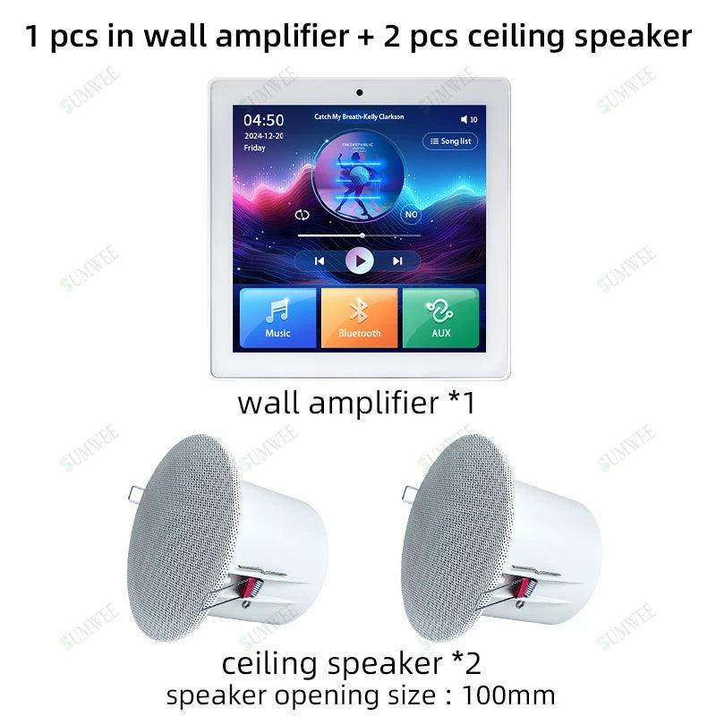 4 Inch Touch Screen In-Wall Bluetooth Power Amplifier with Ceiling Speakers White amp-2 spks
