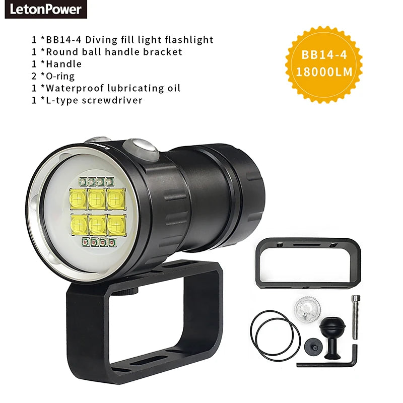 LeTon 27 LED Underwater Photography Light &ndash; 20000 Lumens Brightness BB14-4X / 4 batterys