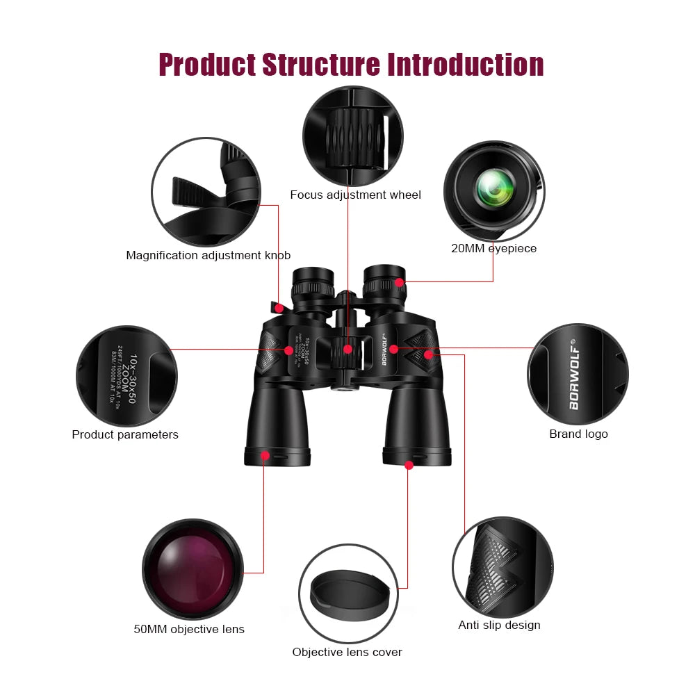 BORWOLF 10-30X50 Binoculars &ndash; HD Zoom For Hunting Low Light