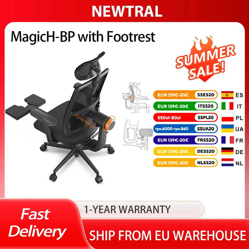 Ergonomic Office Chair With Footrest and Auto-Following Mesh Backrest, Adaptive Lower Back Support