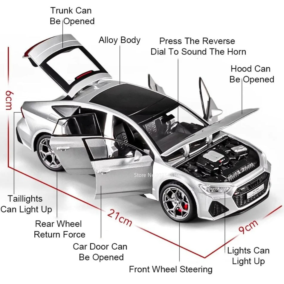 1:24 Mașină de model Diecast RS7 R8 cu retragere, sunet și lumini, uși deschise