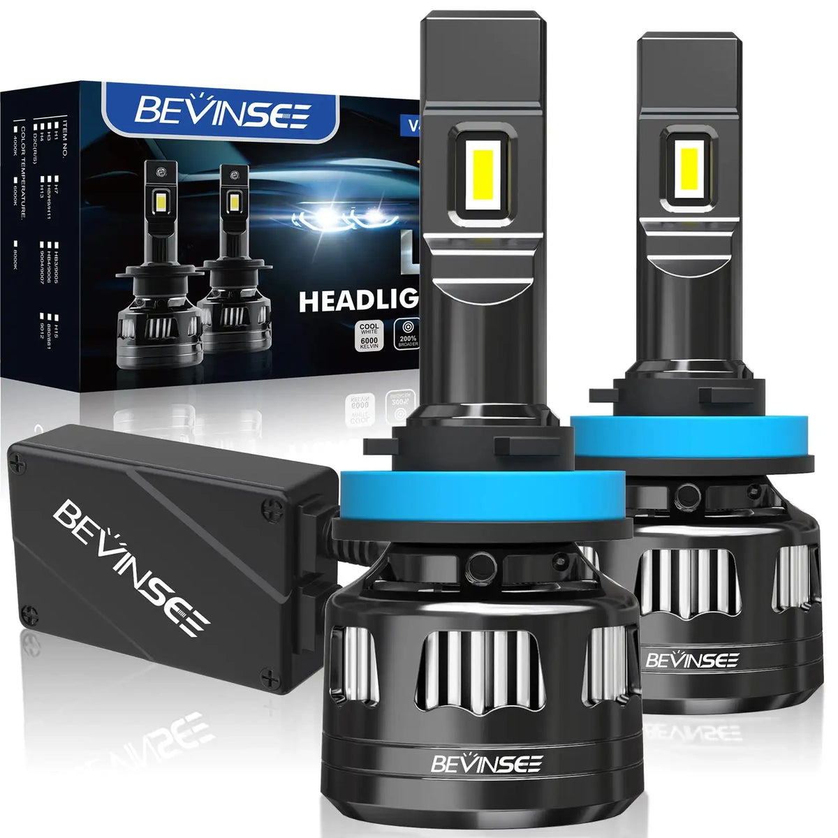 Bevinsee 22000LM LED Headlight Bulbs 12V 6000K H4 H7 9006/HB4 / China