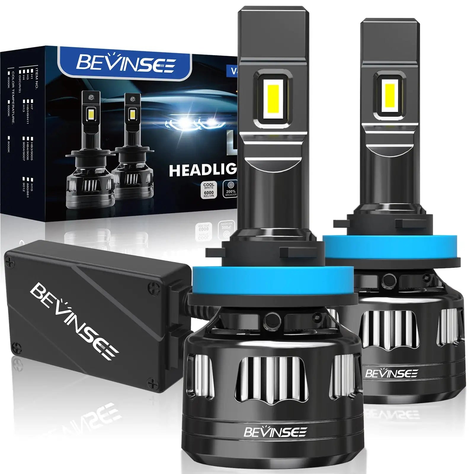 Bevinsee 22000LM LED Headlight Bulbs 12V 6000K H4 H7 9006/HB4 / China