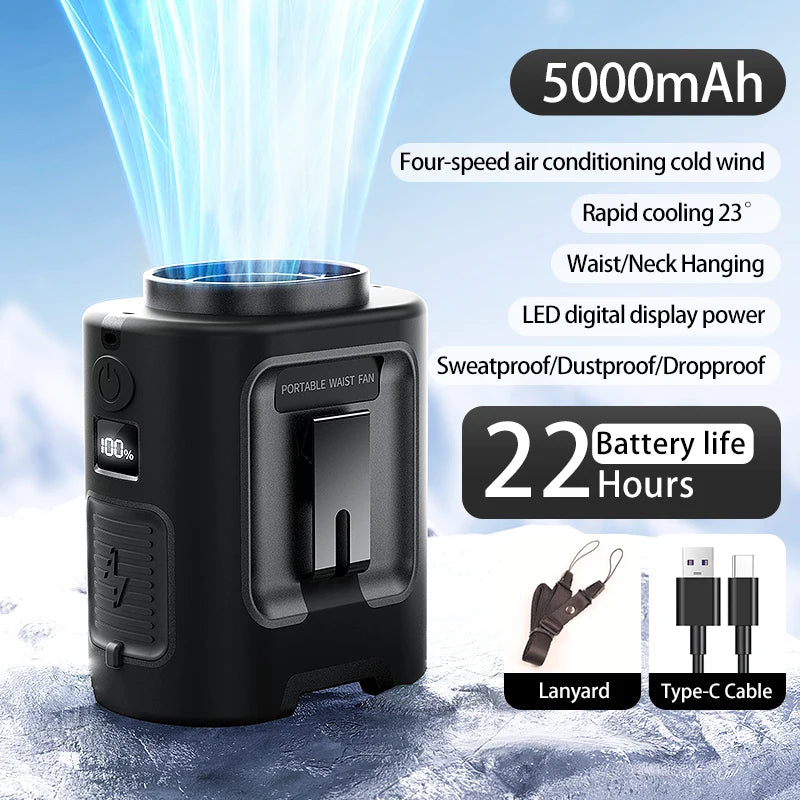 Mini Portable Waist Fan &ndash; 4 Speed Strong Wind with Power Bank 5000mAh Black