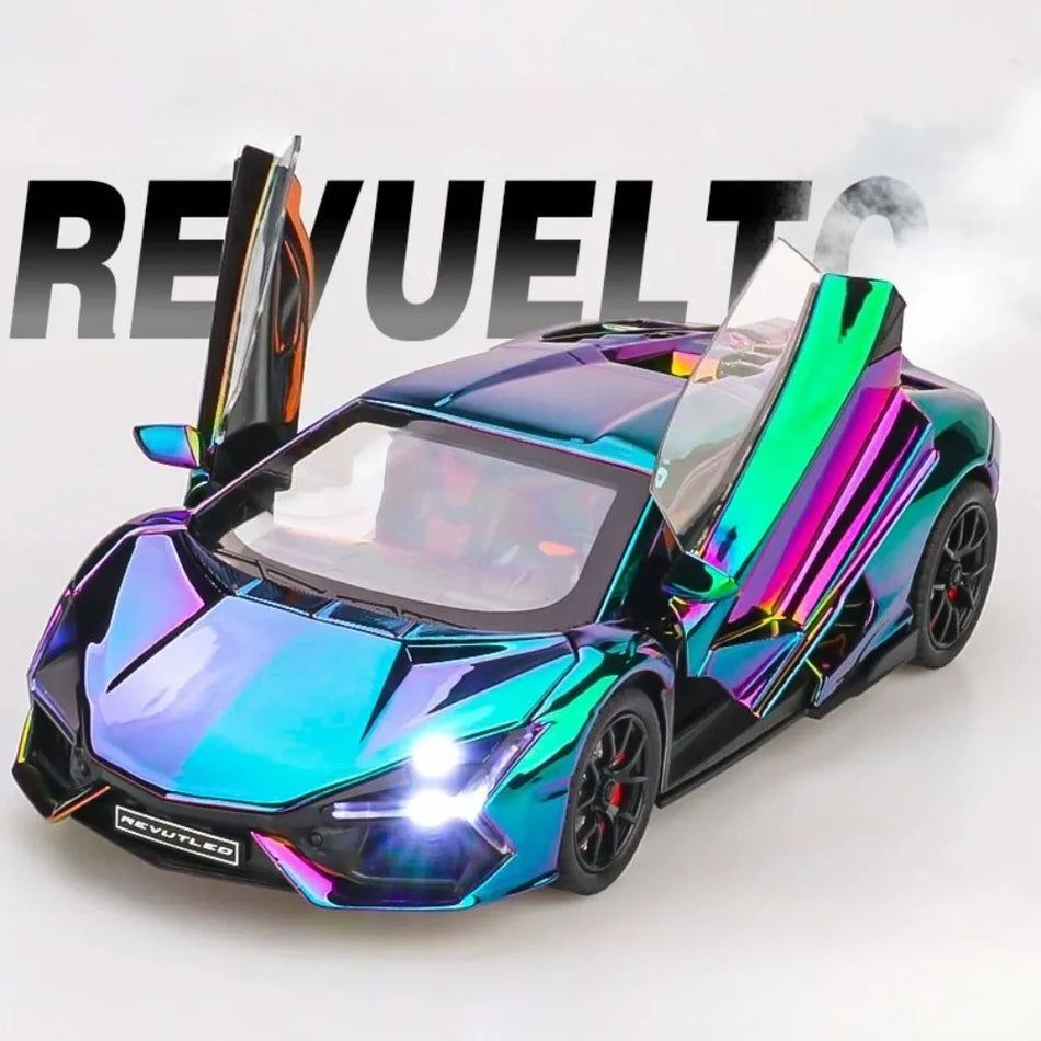 Model de mașină sport din metal turnat, cu retragere, cu caroserie din aliaj și uși deschise.
