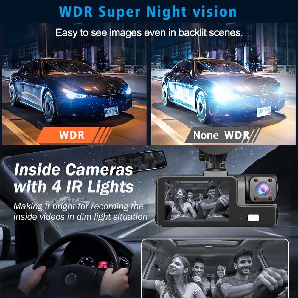 3-Channel Car DVR Dash Cam with WiFi