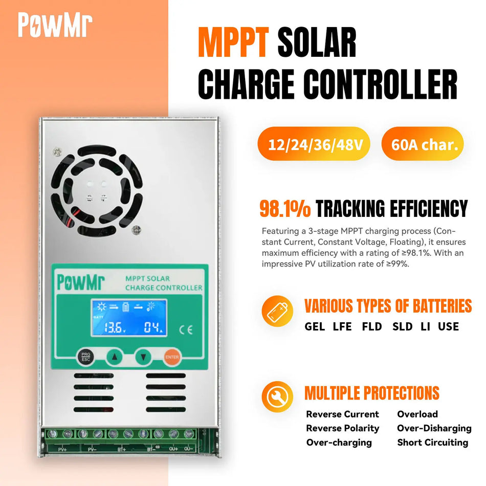 PowMr 60A MPPT солнечный контроллер заряда с ЖК-дисплеем, 12V 24V