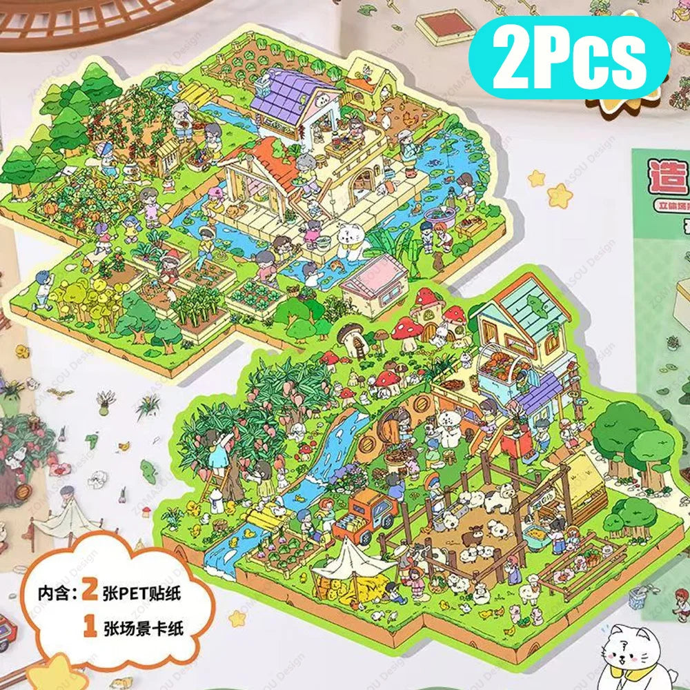 Whimsical Plus Size Cartoon Ranch &amp; Farm 2.5D Landscape Stickers 2Pcs / CHINA