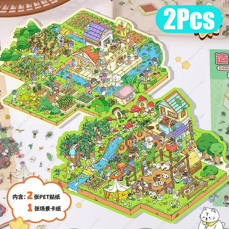 Whimsical Plus Size Cartoon Ranch &amp; Farm 2.5D Landscape Stickers 2Pcs / CHINA