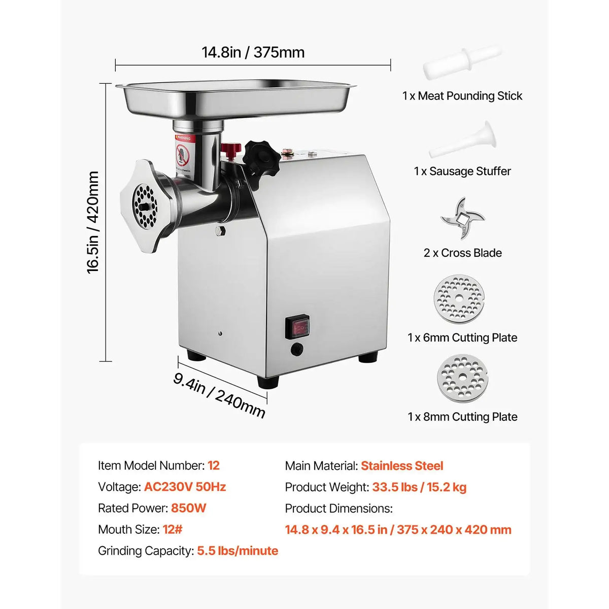 Electric Meat Grinder 5.5 Lbs Per Min 850W 5.5 lbs per Min / spain