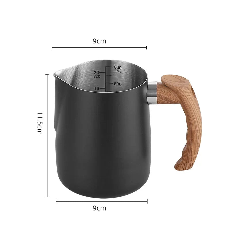 304 Stainless Steel Coffee Milk Frothing Pitcher &ndash; Precise Scale with Wooden Handle Black 600ML